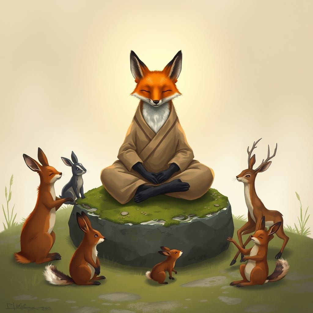 Zen Fox Meditation in Digital Art Style