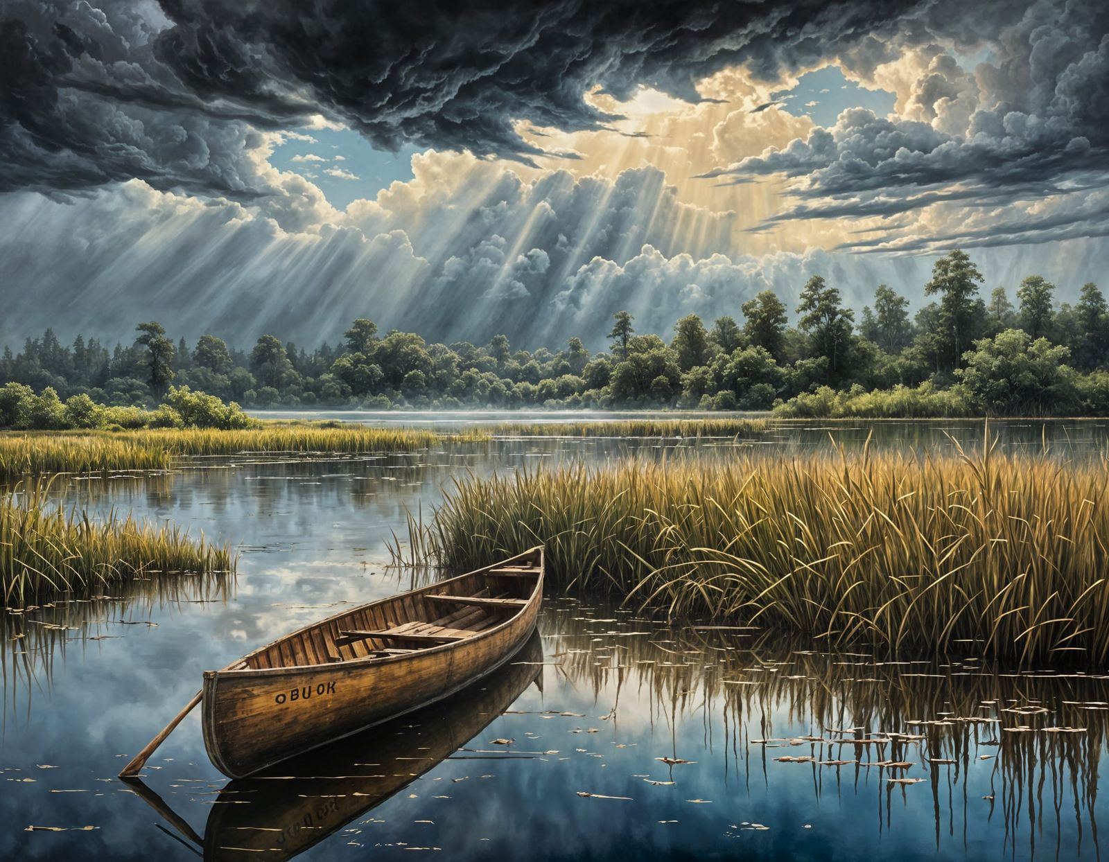 Misty Lake: Weathered Canoe in Oil Painting