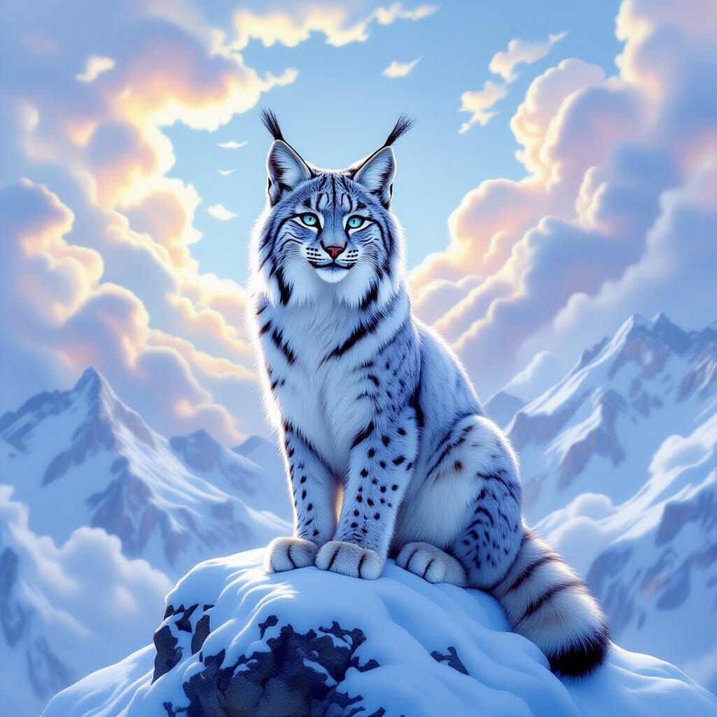 Lynx on Mountain Peak with Mother of Pearl Clouds