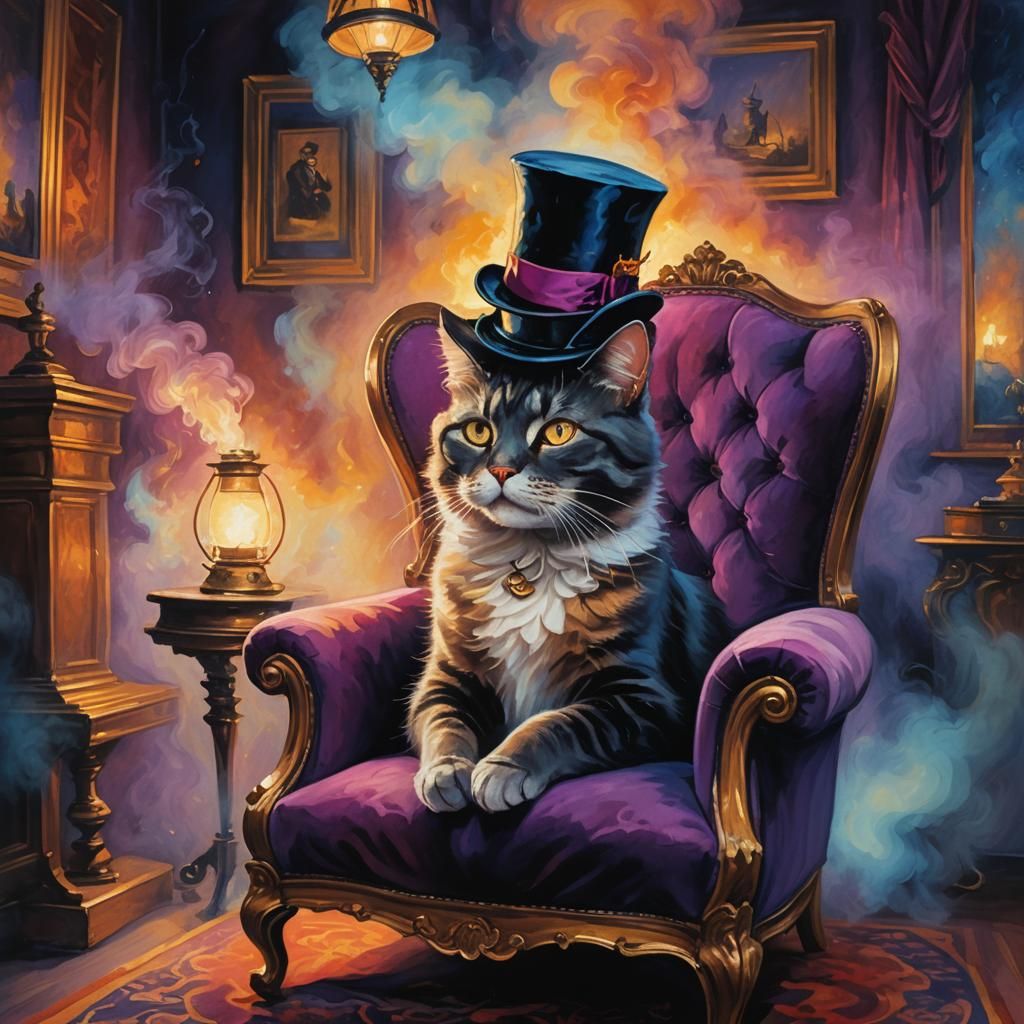 Cat in Top Hat in Mystical Room as Oil Painting
