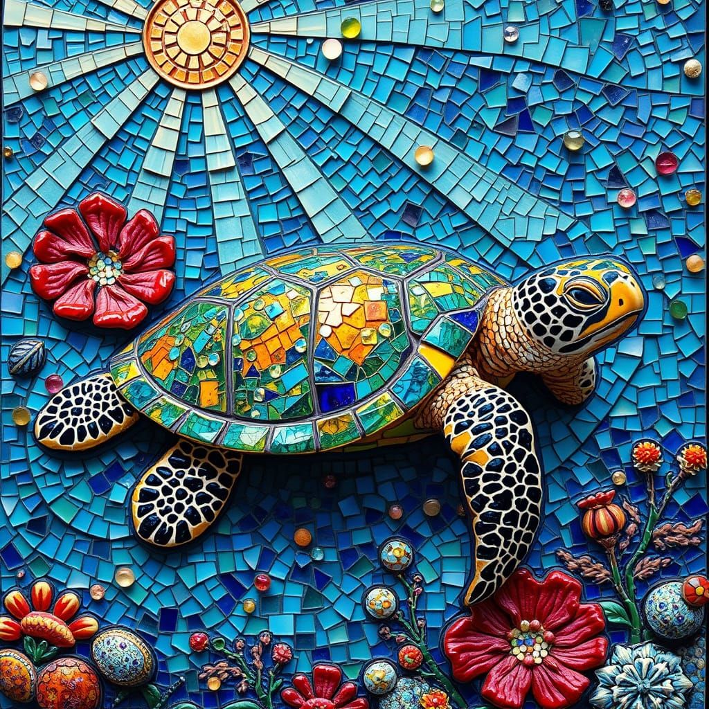 Glittery Mosaic Turtle Diorama in Mixed Media