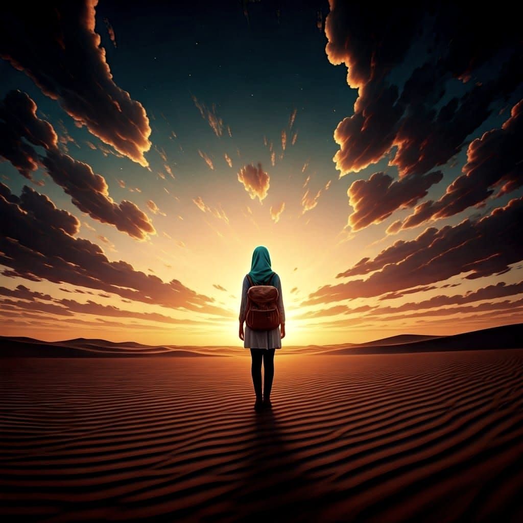 Hijab Girl Exploring Desert at Sunset: Fantasy Art