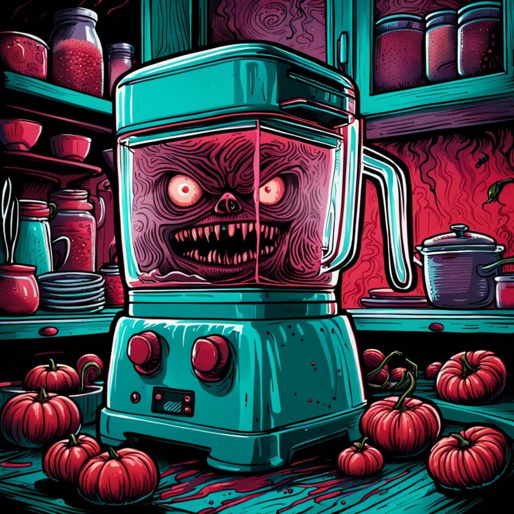 Spooky Kitchen Blender with Teeth in Horror Style