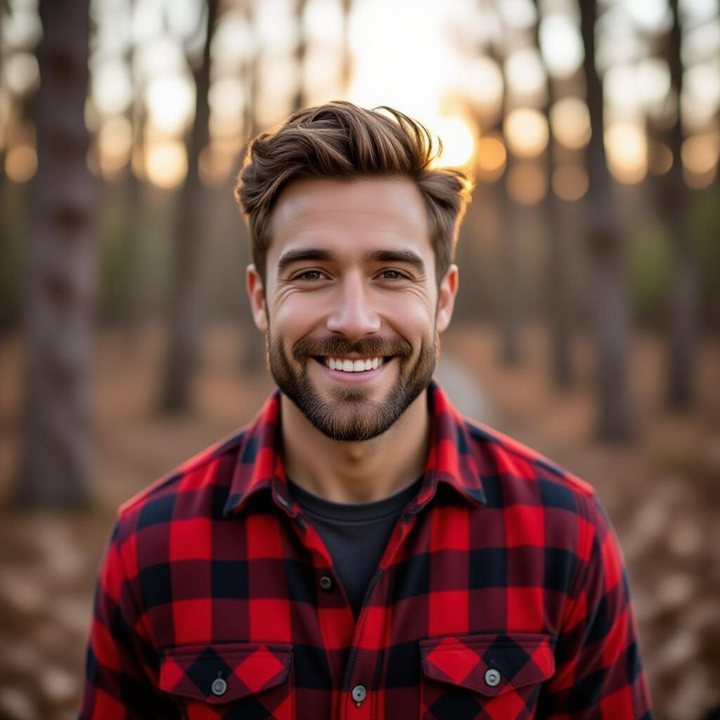 Smiling Man in Plaid Shirt in the Woods