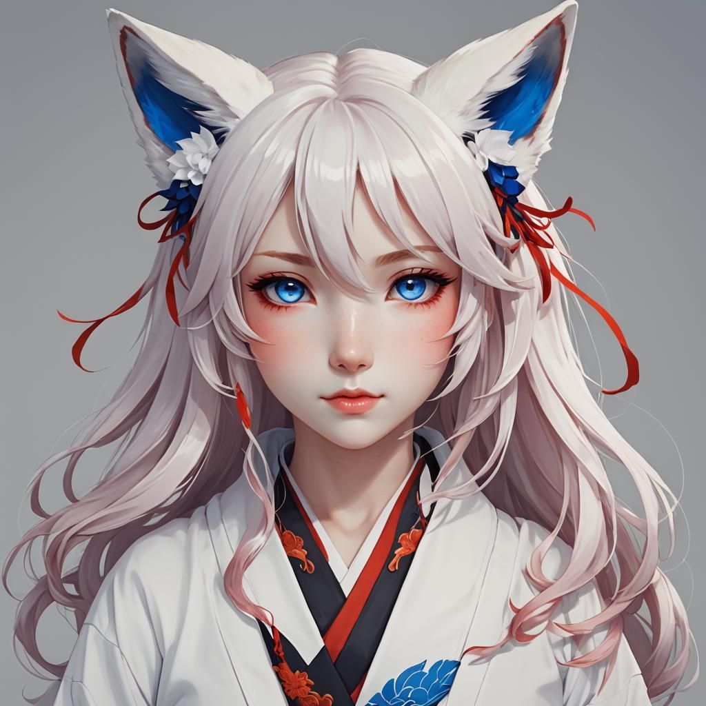 Kitsune Girl with Red and White Hair