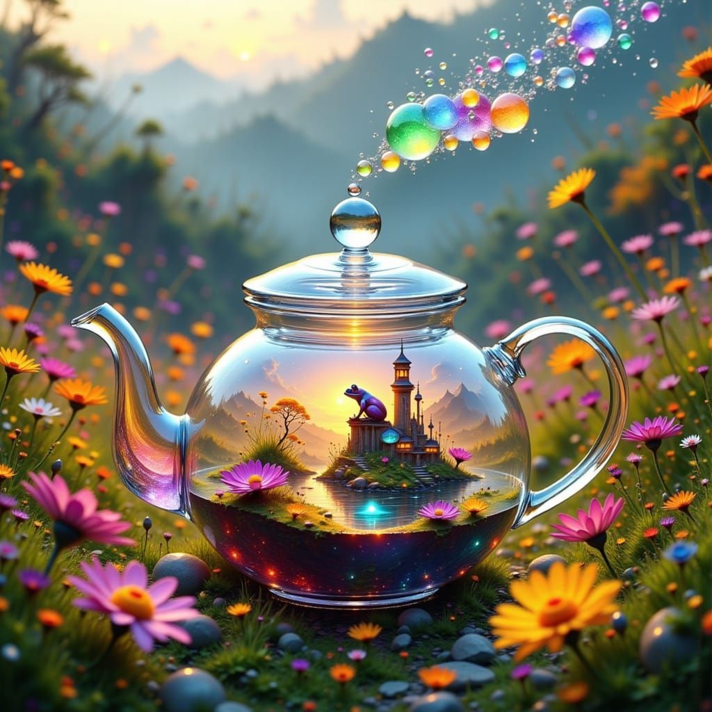 Whimsical Glass Teapot Pours Bubbles Over Frog City