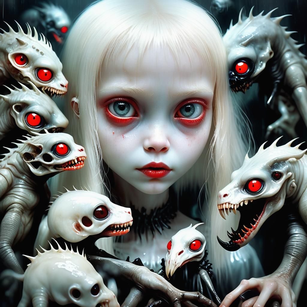 Eerie Albino Girl with Beasts, Sinister Art