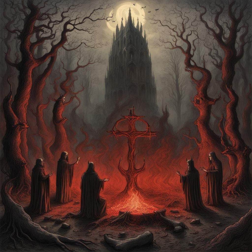 Eerie Sacrificial Altar in Foggy Forest