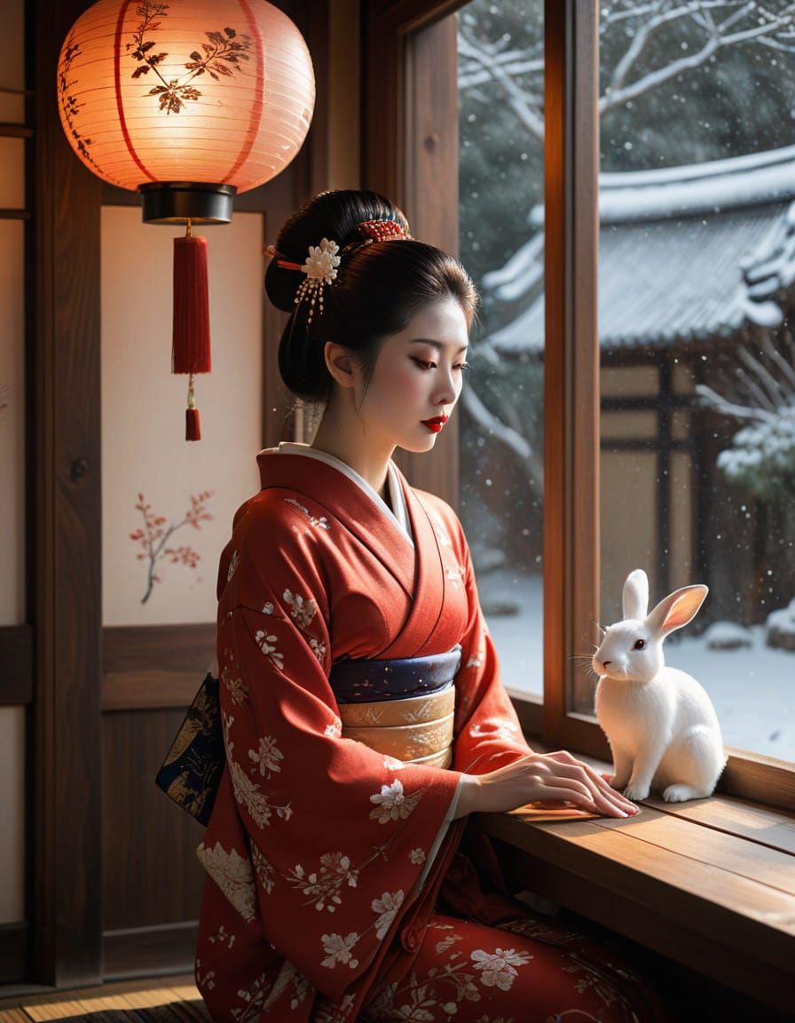 Tranquil Geisha in Winter Teahouse
