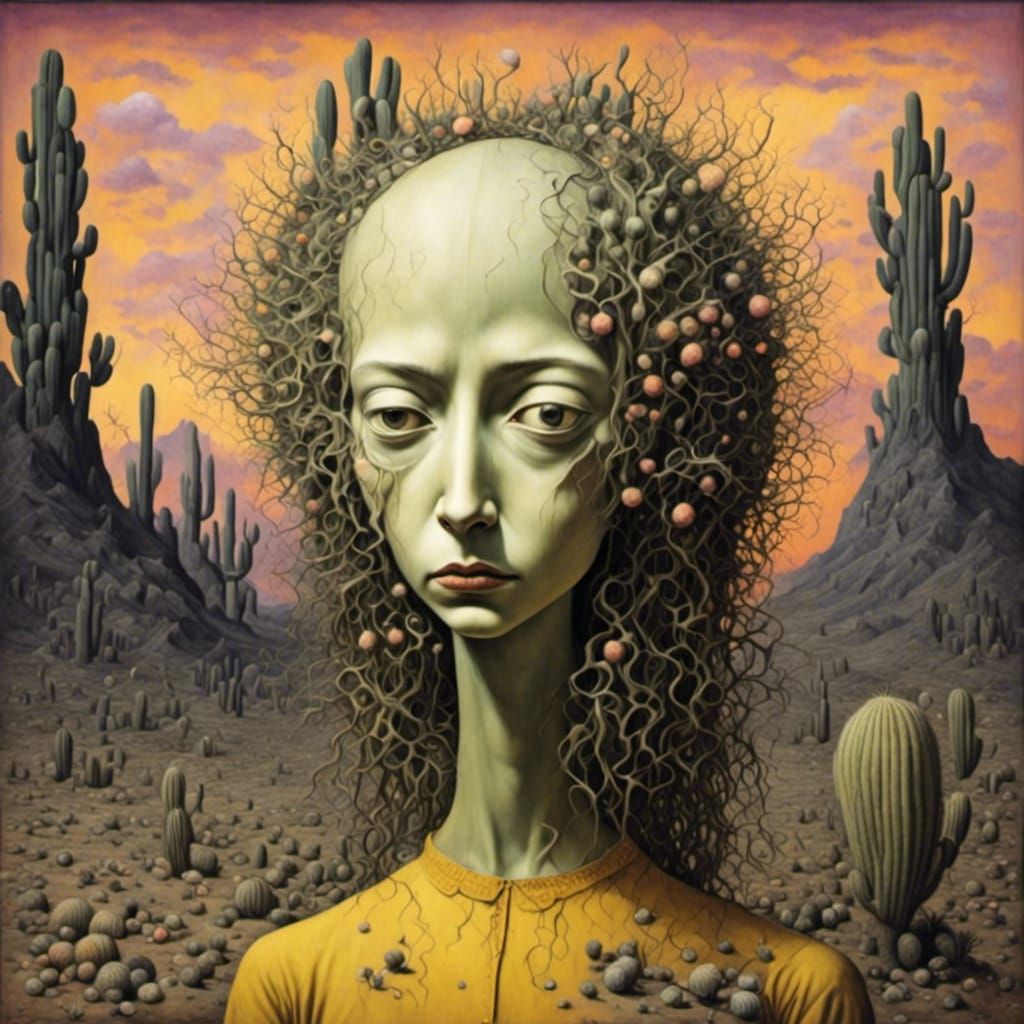 Cactus Woman in Desert Sunset: Surrealist Art