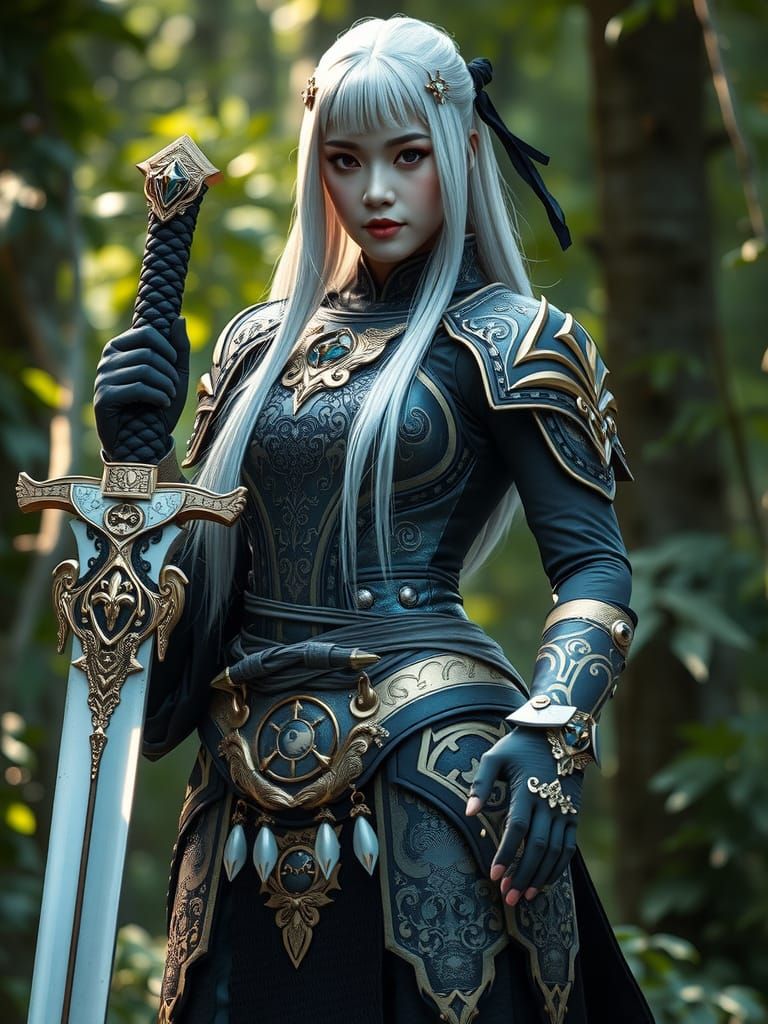 Asian Warrior Woman in Forest with Crystal Sword