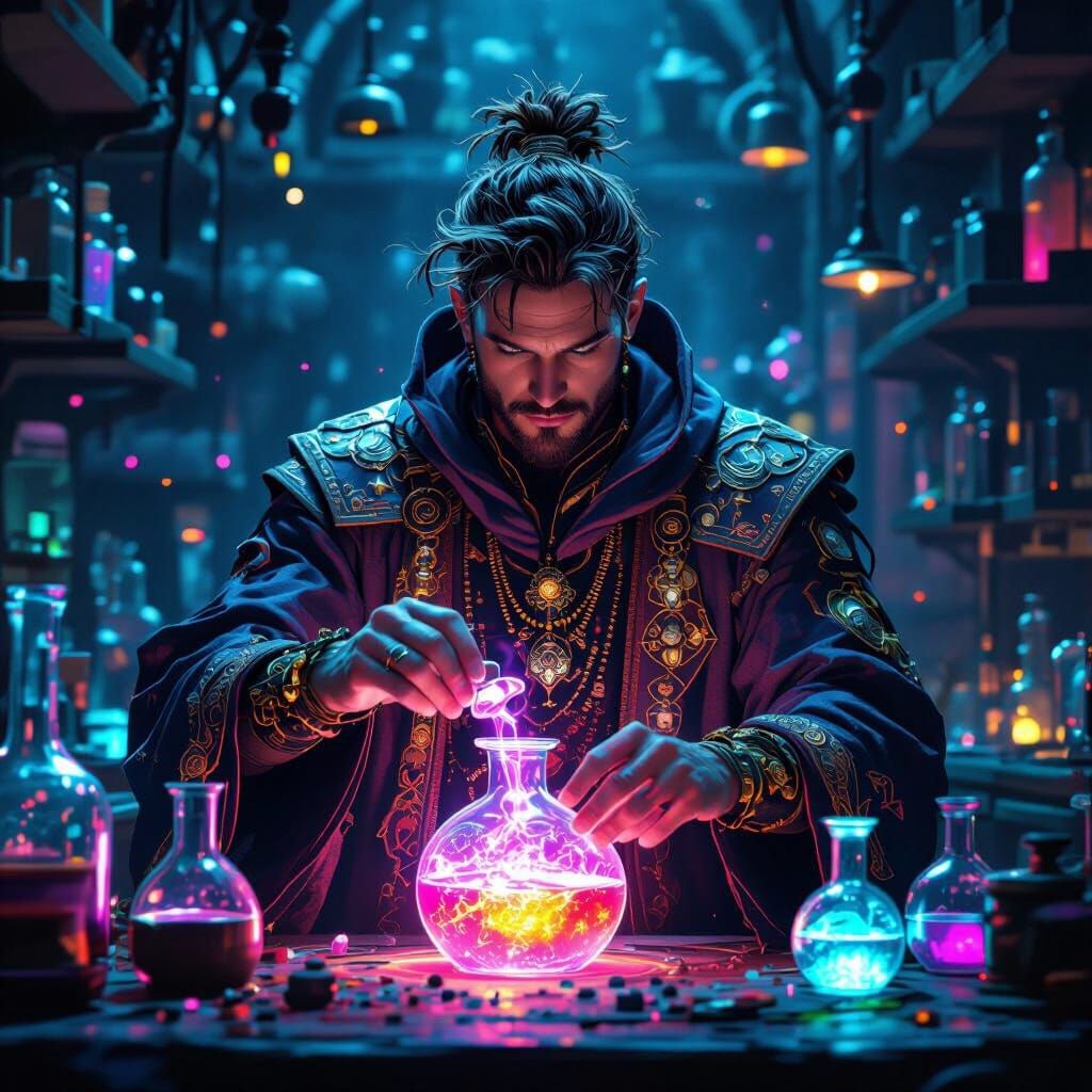 Giga Chad Alchemist Mixing Potions in Dim Laboratory