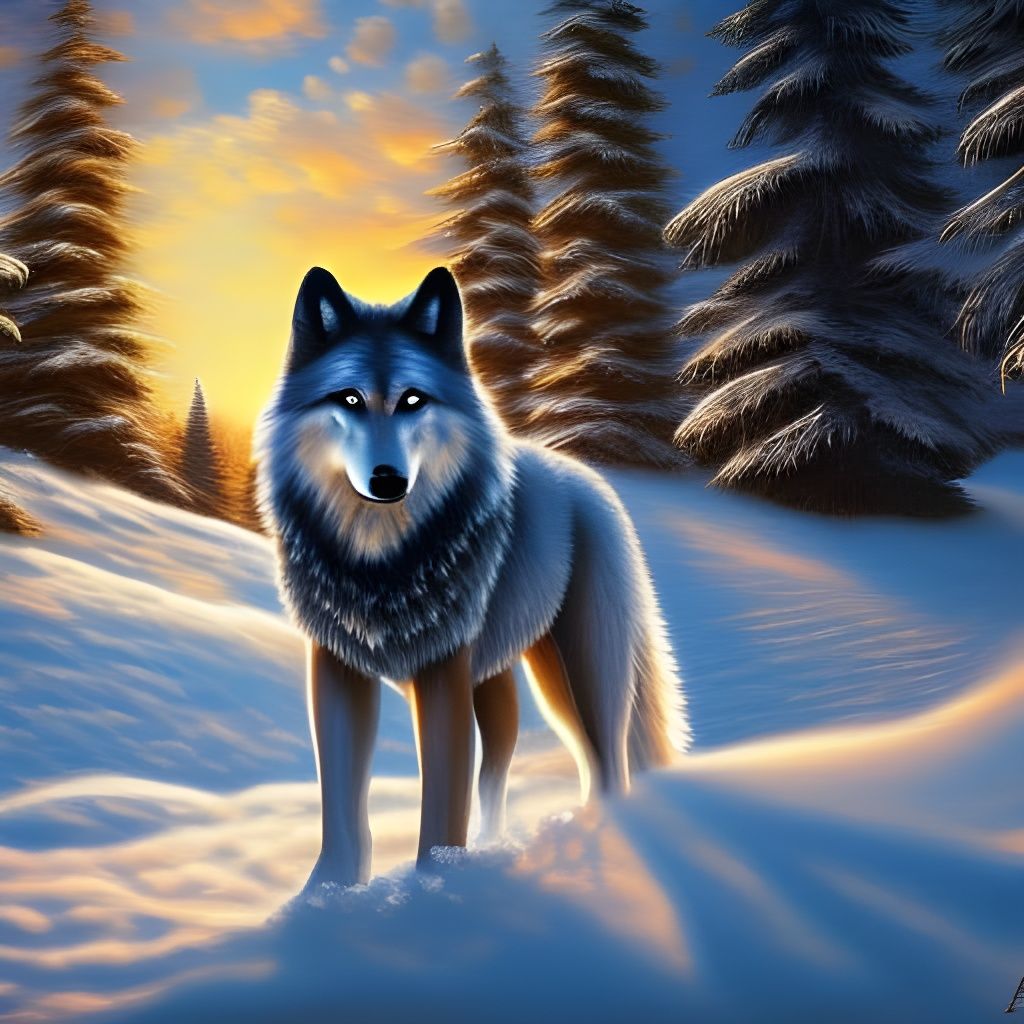Wolf in Snow at Sunrise: Baroque Sci-Fi Impasto