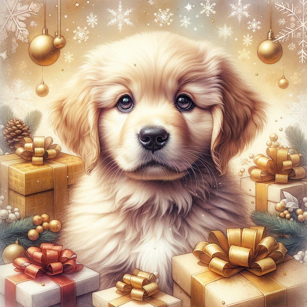 Golden Retriever Puppy with Christmas Gifts in Watercolor