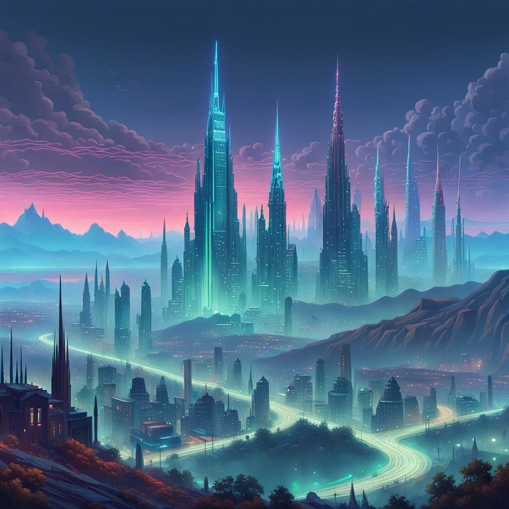Dreamlike Metropolis Sunset in Hyper-Realistic Digital Art