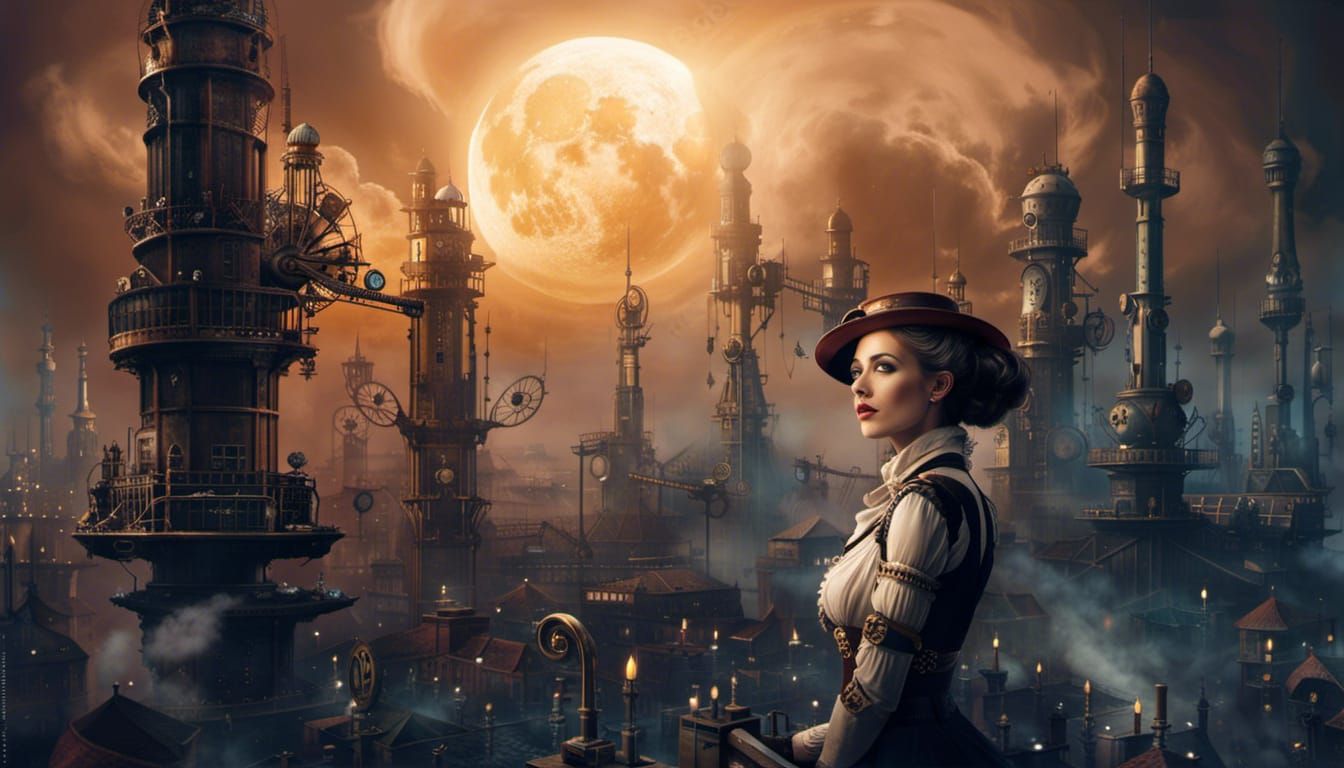 Steampunk Woman Overlooking Mechanical City in 8K