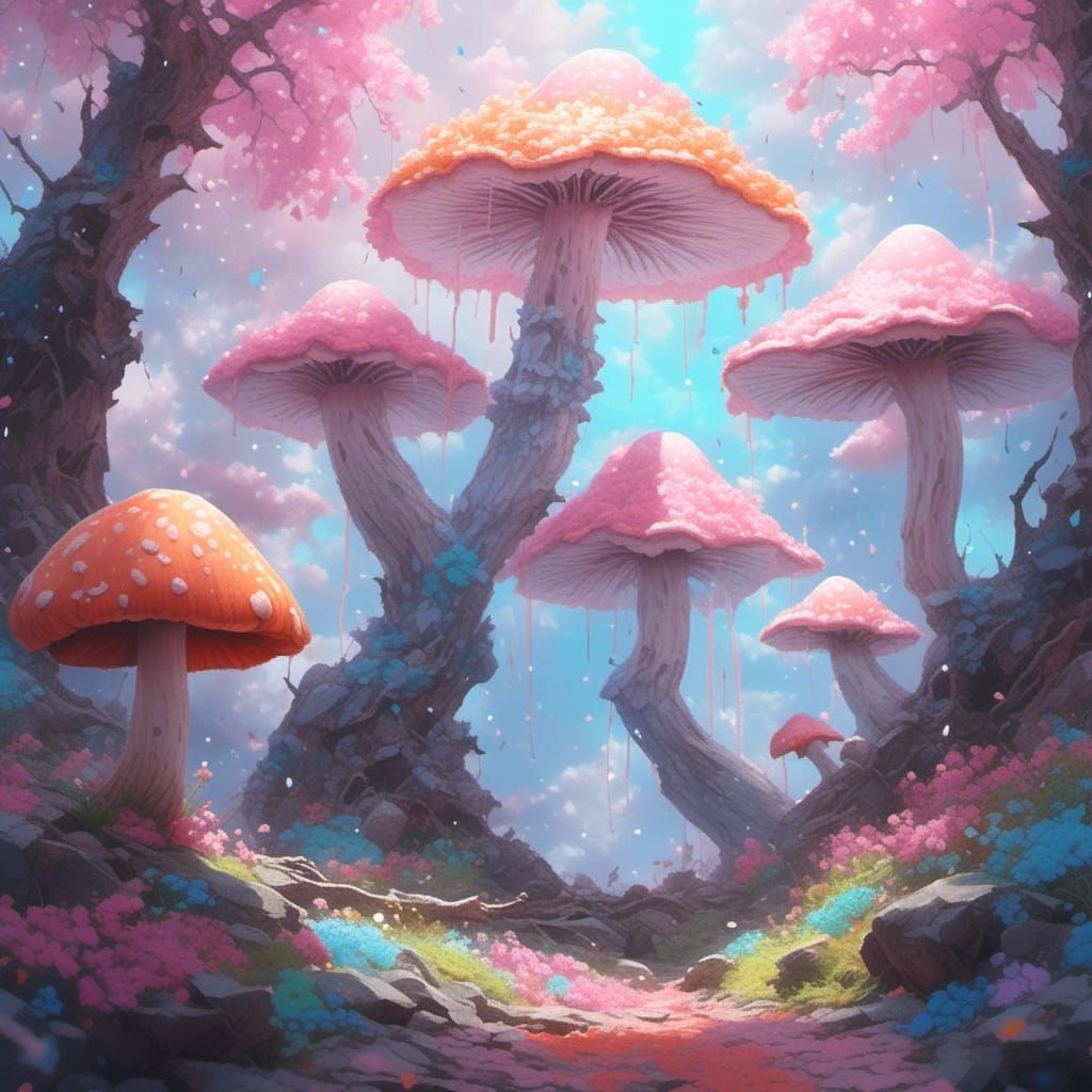 Mushroom Tree Landscape in Pastel Colors