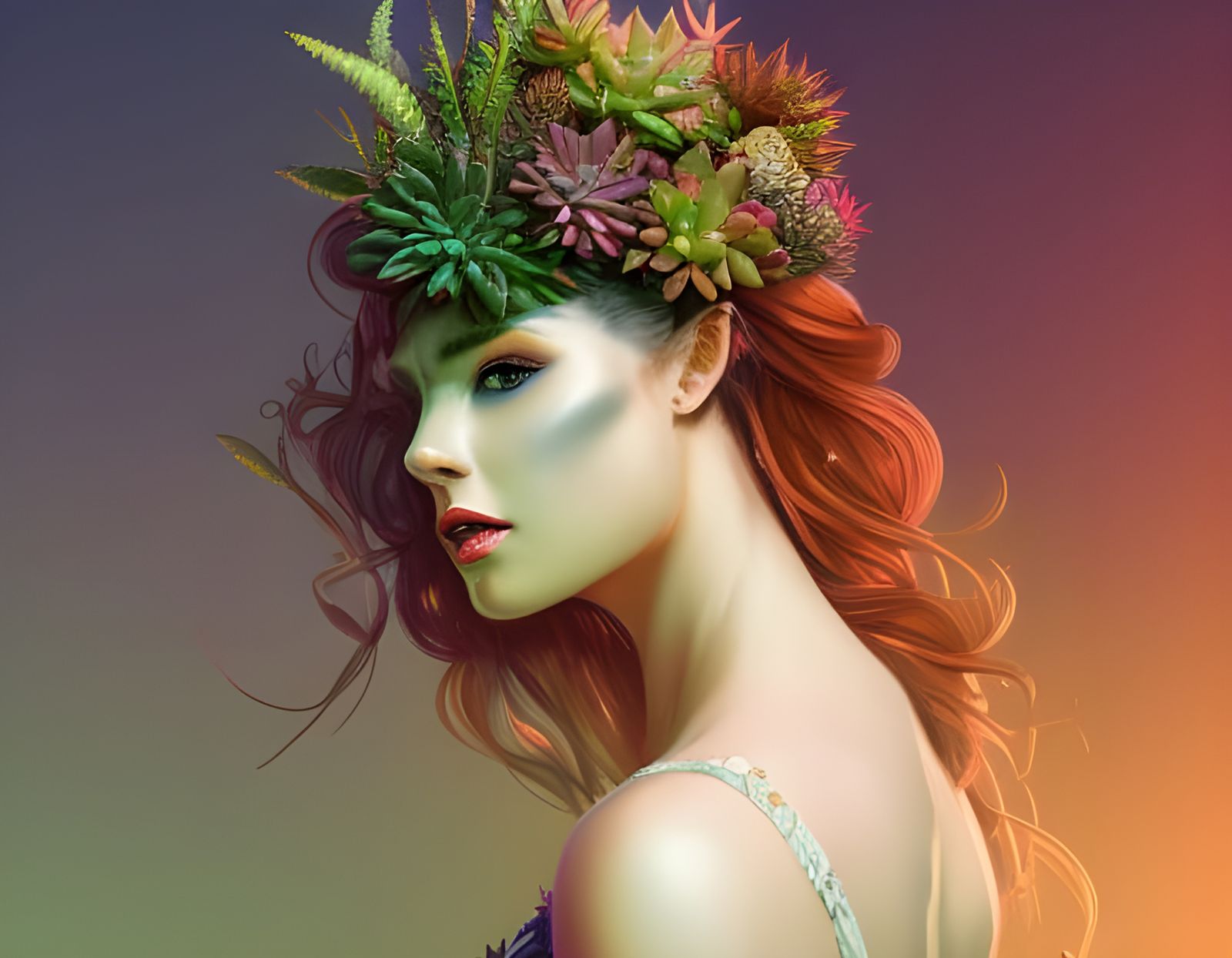 Woman with Succulent Crown: Hyperdetailed Digital Art