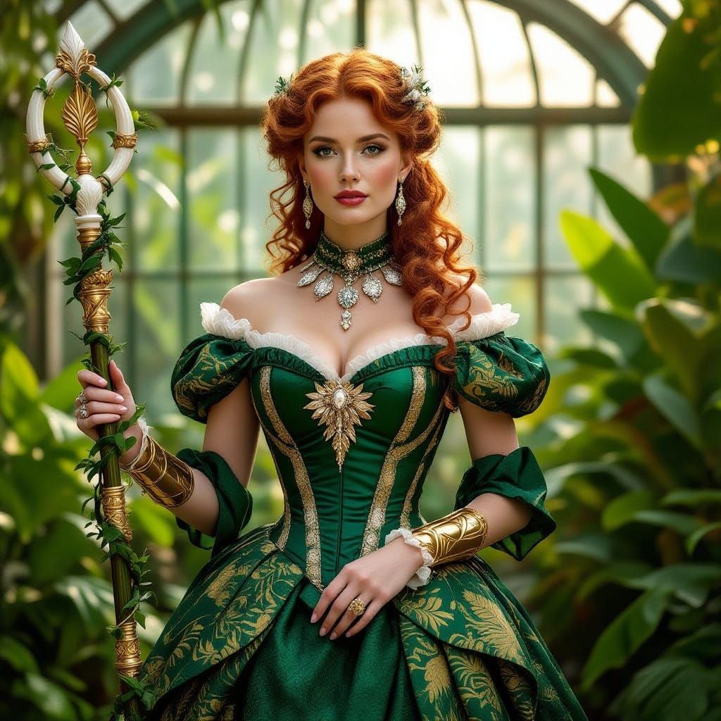 Victorian Lady in Emerald Gown with African Luxury in Glassh...