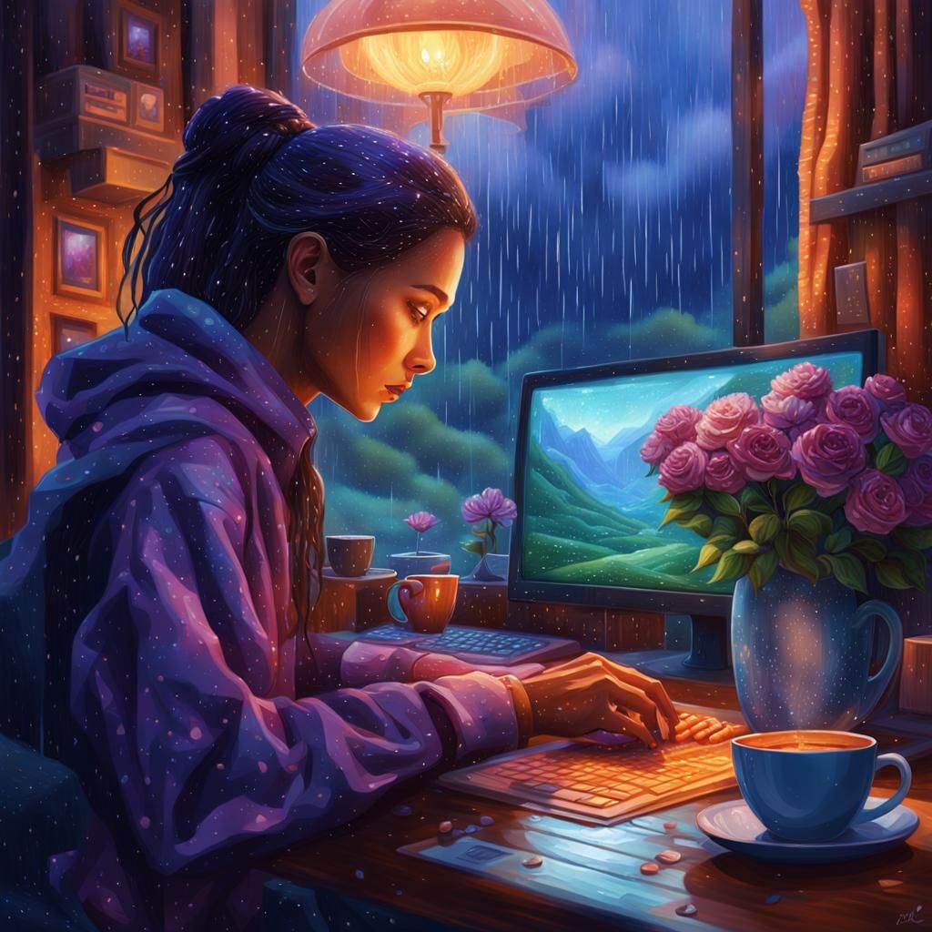 Young Woman Studying on Computer in the Rain