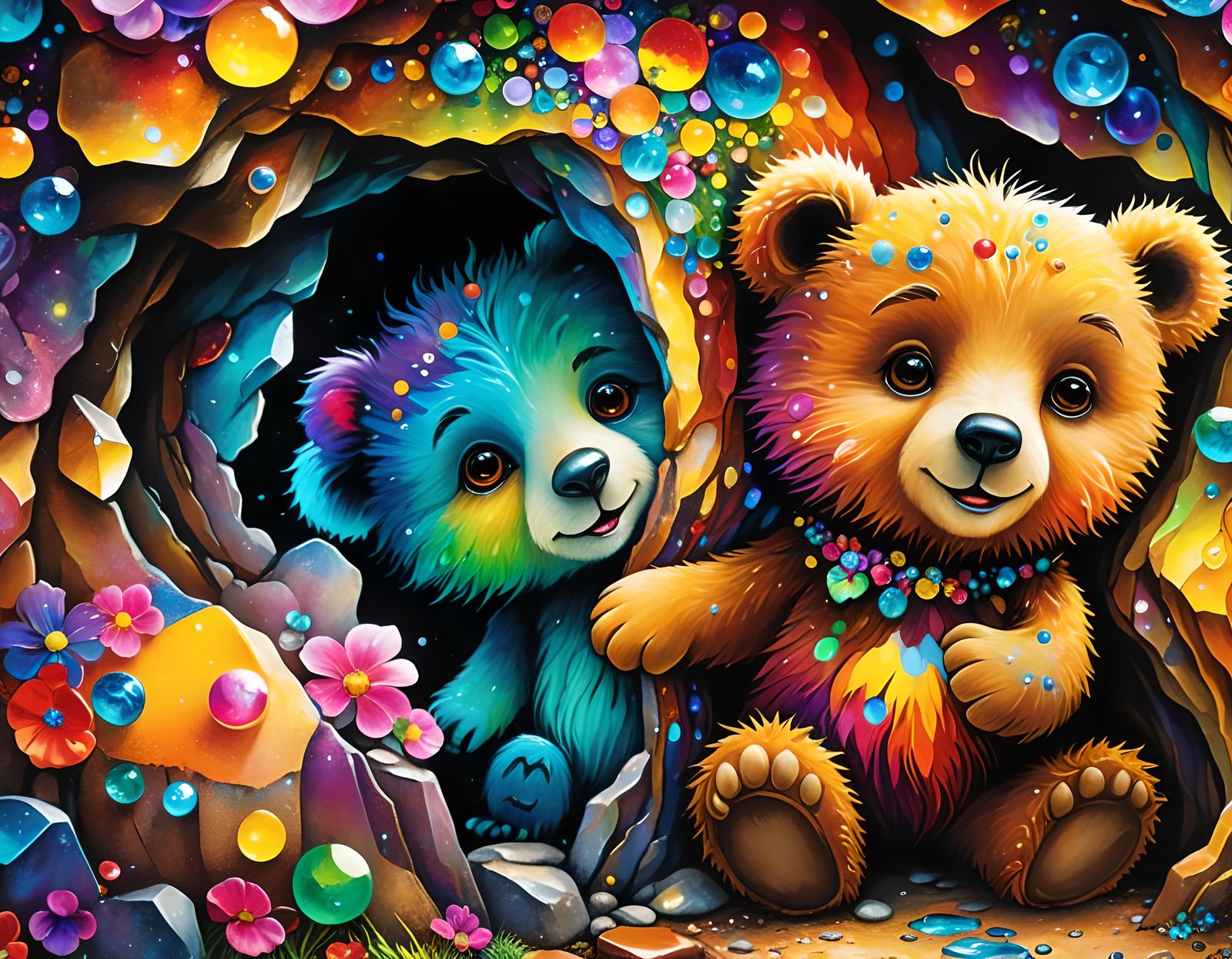 Enchanted Encounter: Adorable Teddy Bear in the Rainbow Trol...