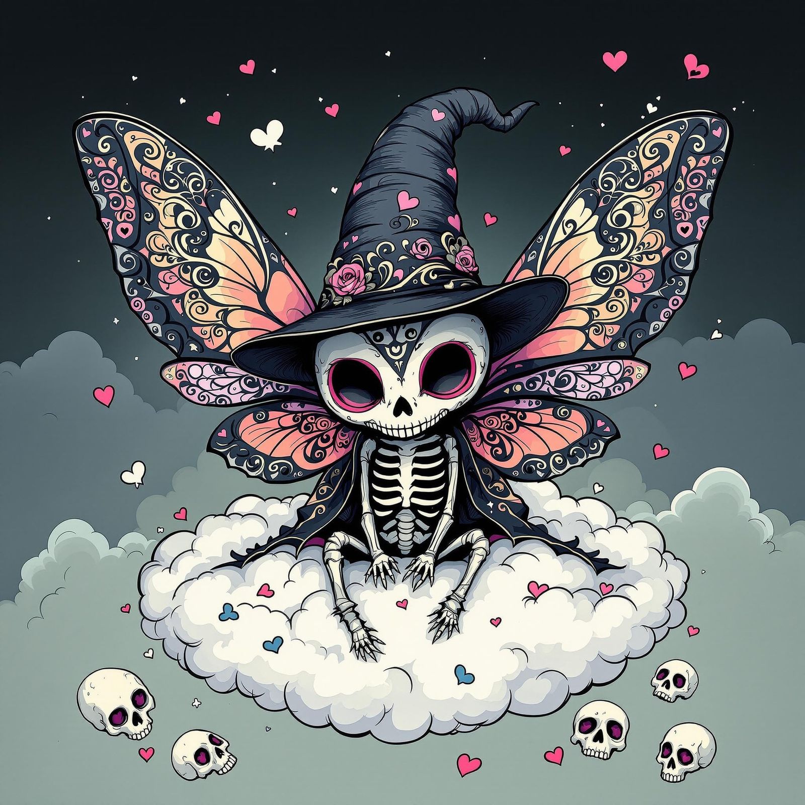 Whimsical Chibi Death Head Moth in Victorian Filigree Style