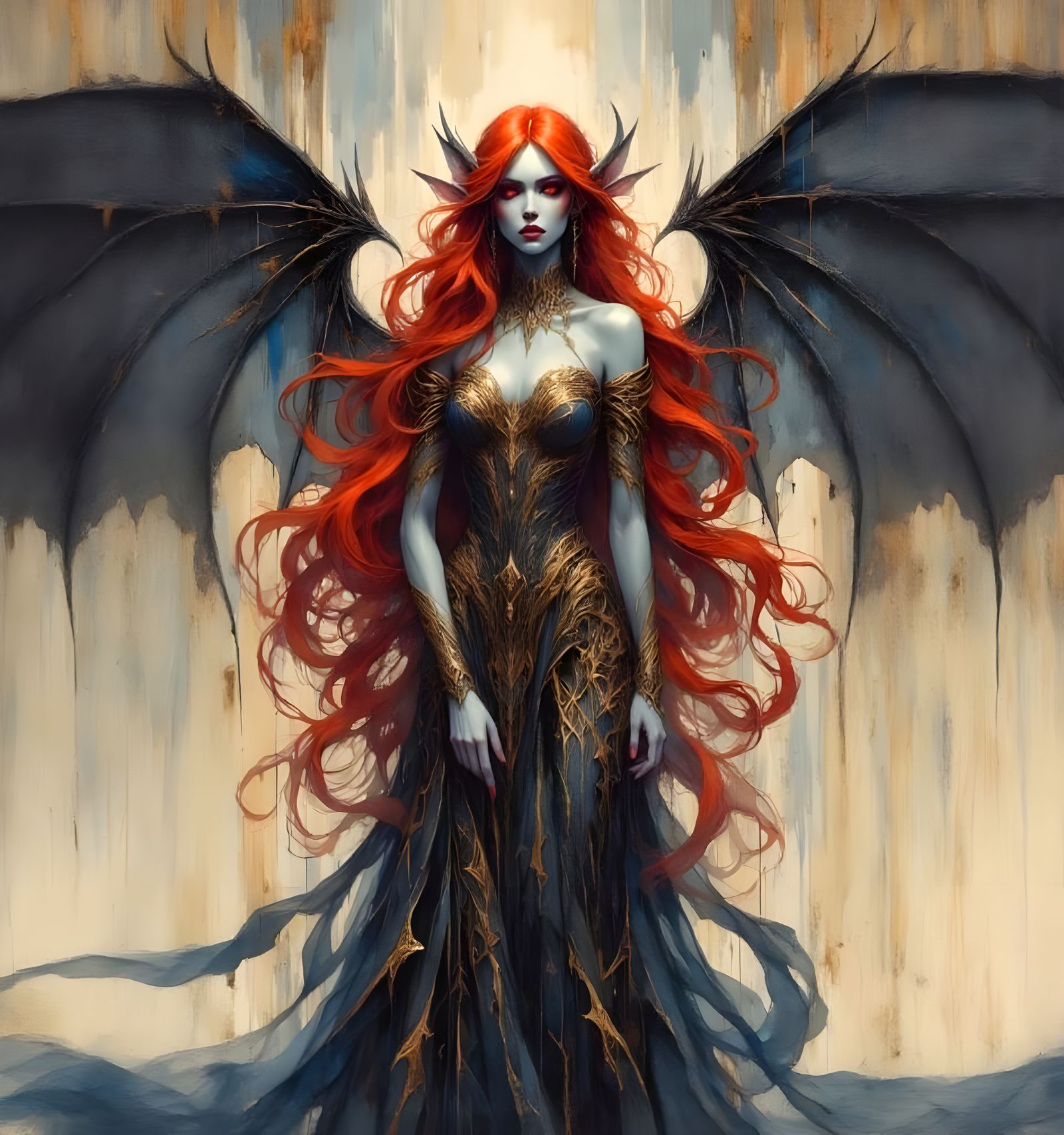 Elegant Elven Woman with Fiery Hair and Bat Wings