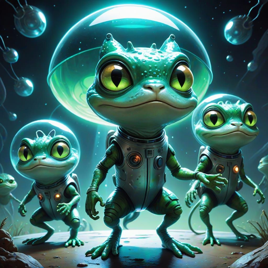 Bewildered Frog Abduction by Alien Cats in Spaceship