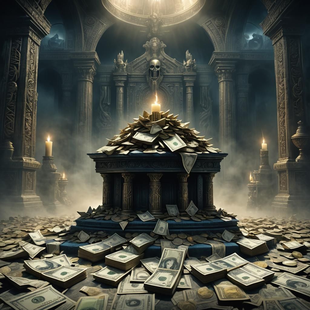 Eerie Altar with Cash in Dark Fantasy Style