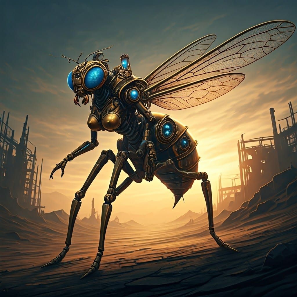 Steampunk Cyborg Insect in Dystopian Wasteland