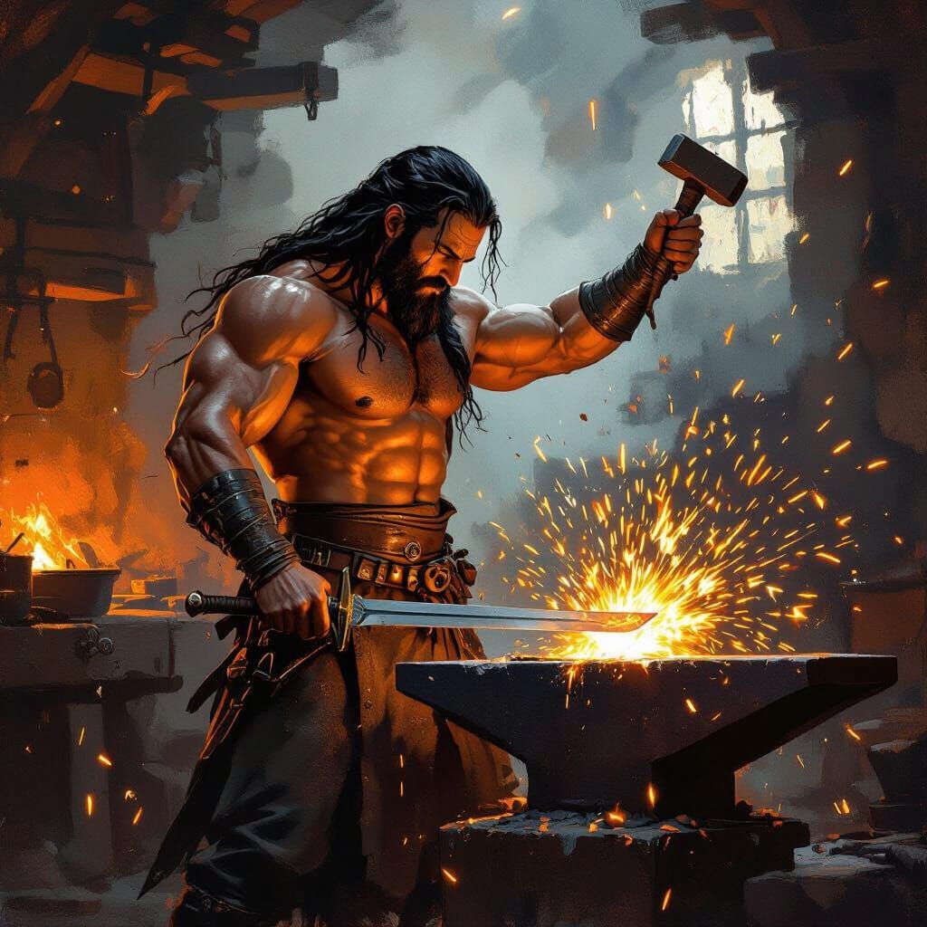 Blacksmith Forging Sword in Fiery Forge