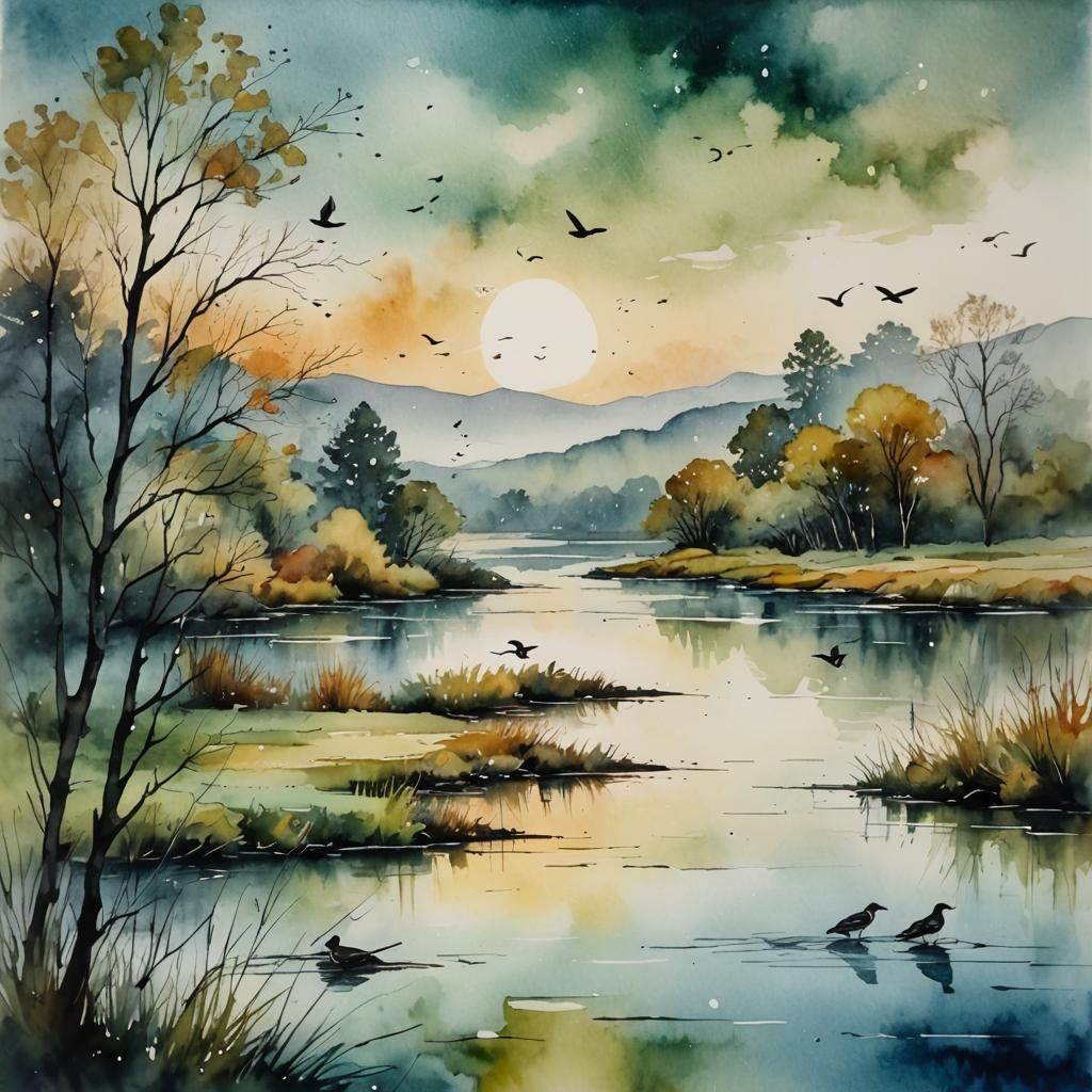 Impressionistic River Landscape in Watercolor and Ink