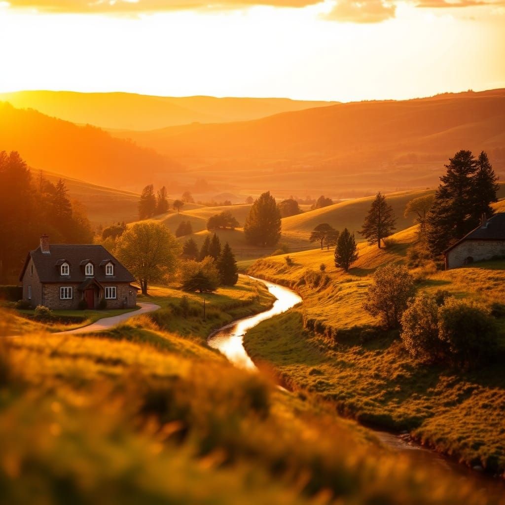 Idyllic Sunset Landscape with Rustic Houses