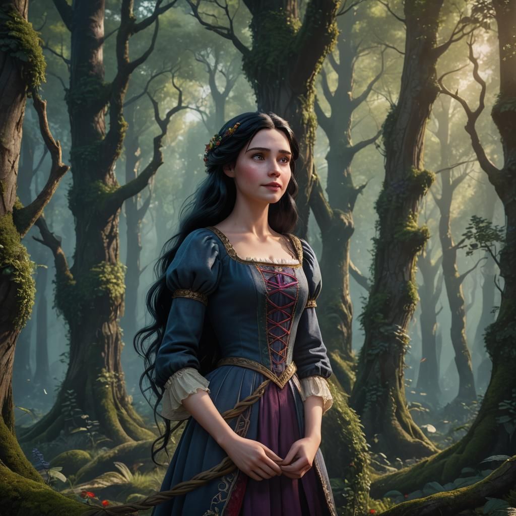 Rapunzel with Black Hair in Fantasy Forest