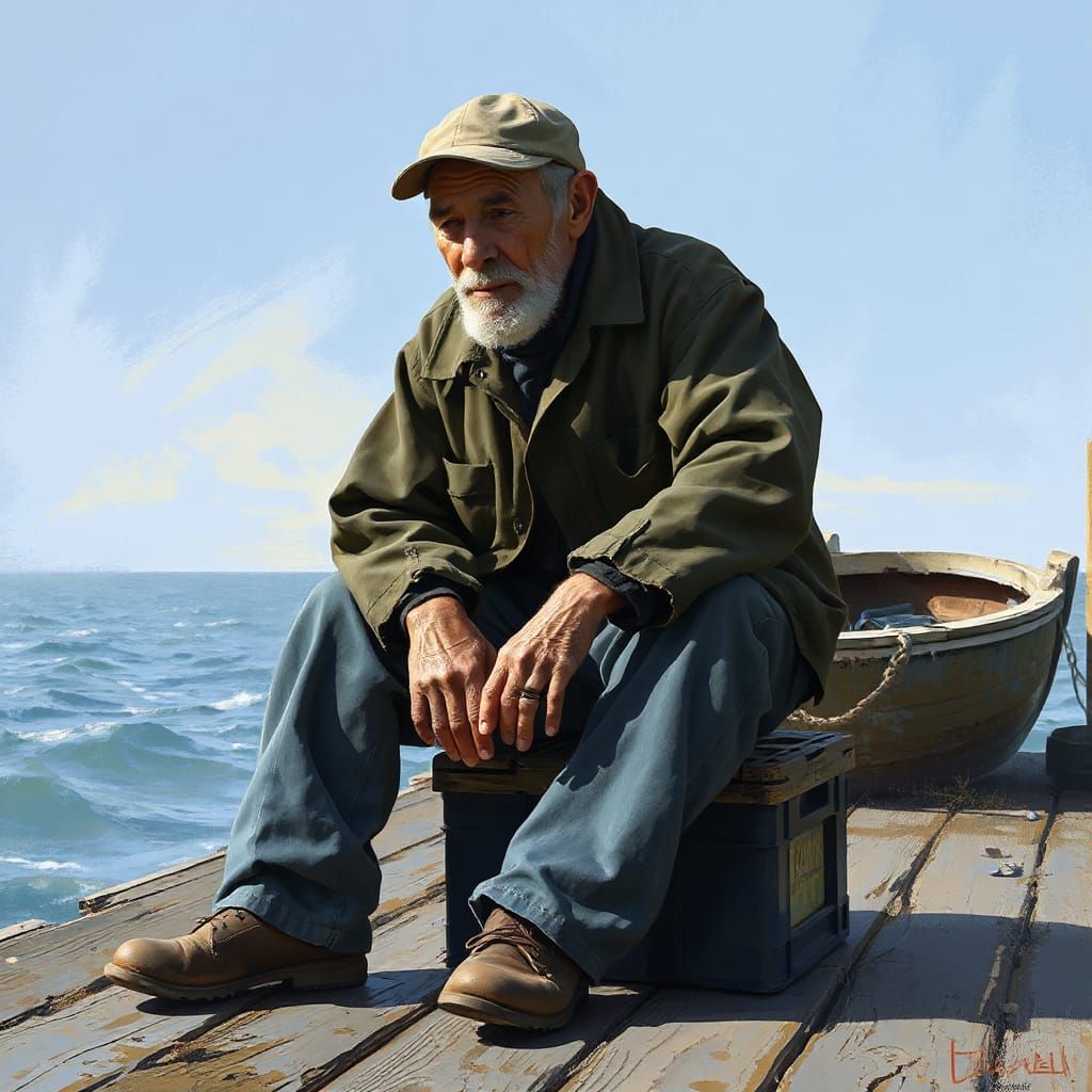 Old Fisherman Reminiscing on a Dock