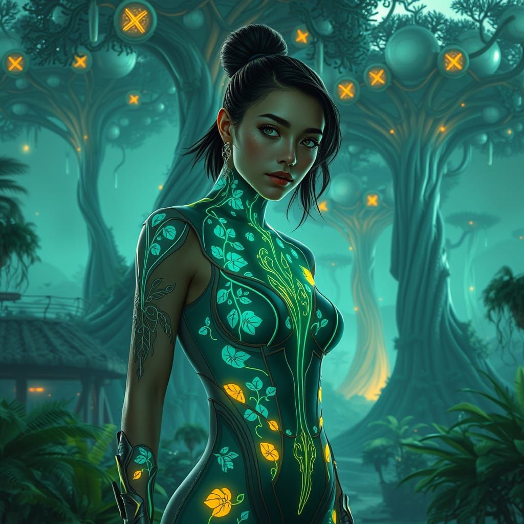 Bioluminescent Woman in Alien Garden, Futuristic Art