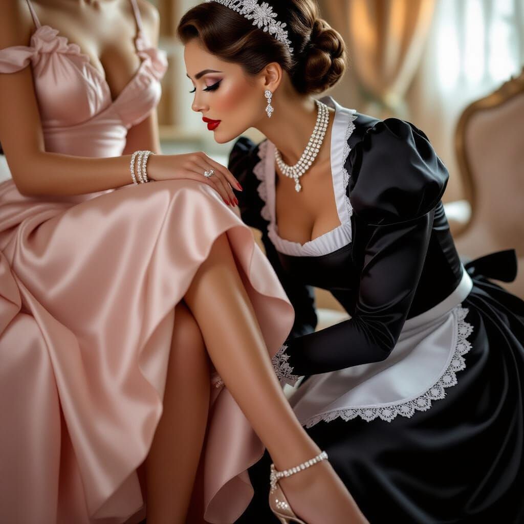 French Maid Adorning Mistress with Diamond Necklace