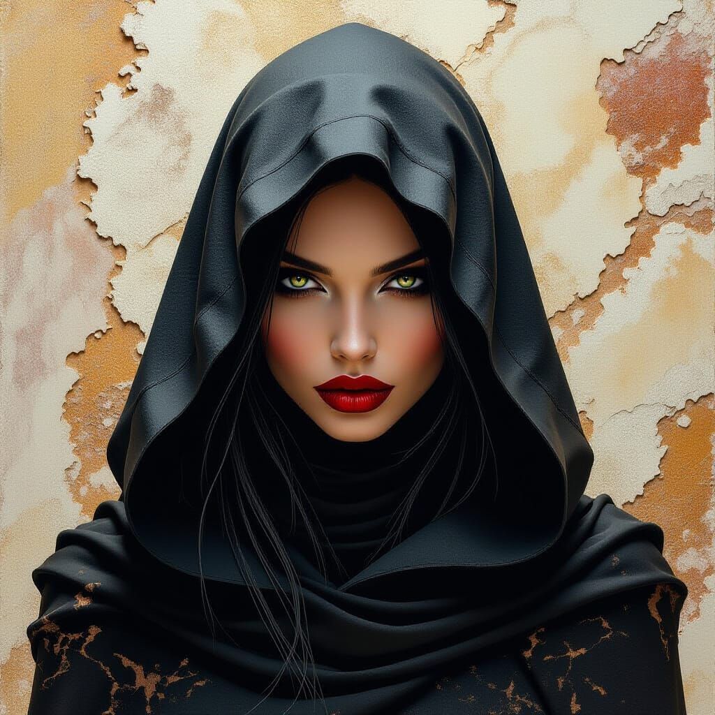A striking hooded figure emerges from a mosaic of textured, ...