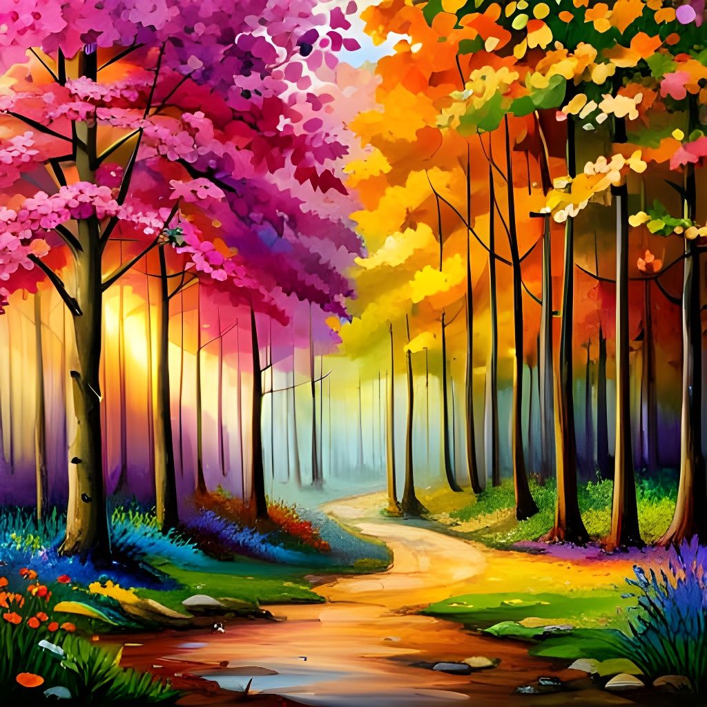 Vibrant Forest in Spring and Fall, Acrylic Pour