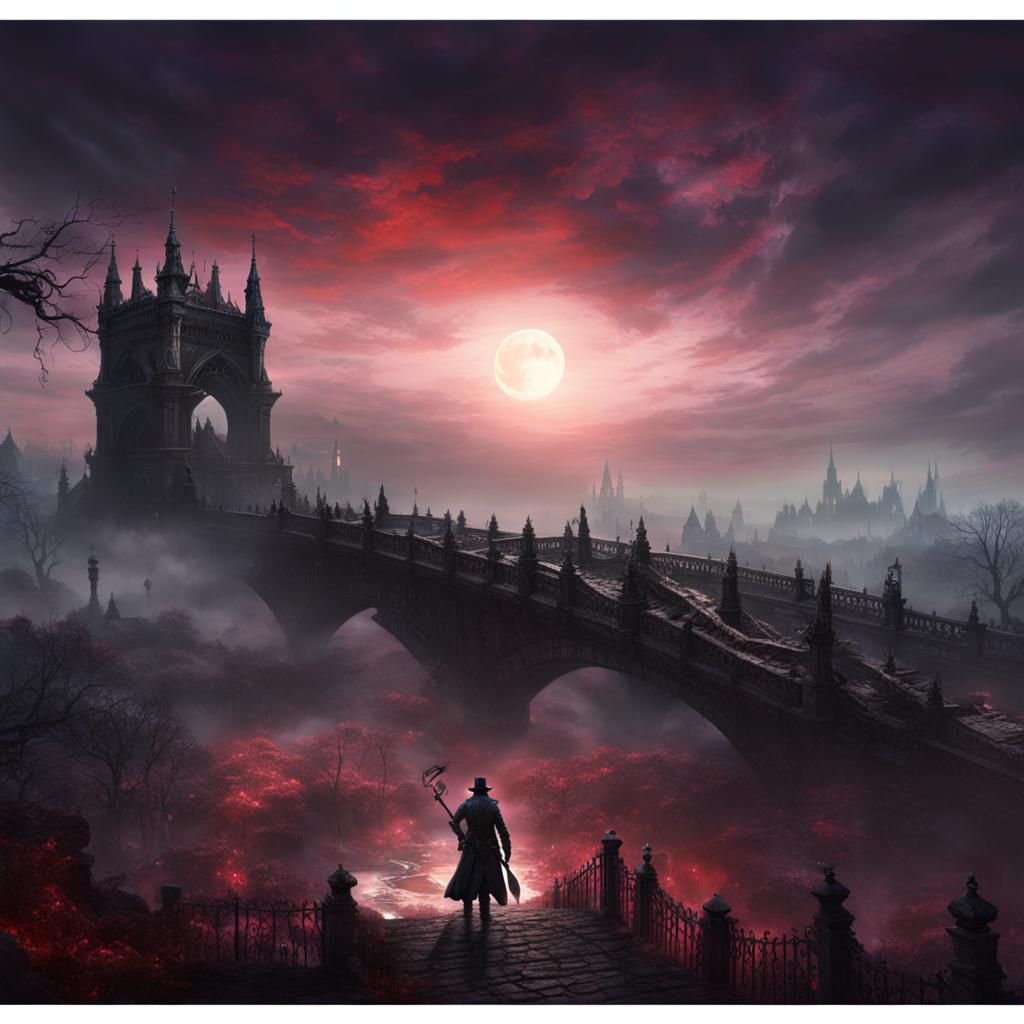Epic Bloodborne Bridge with Cyan Moon and Red Eyes
