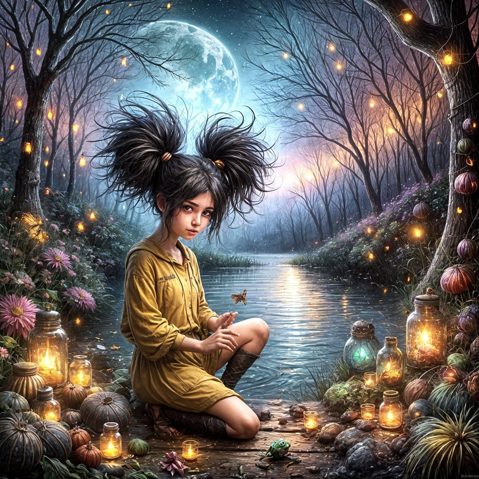 Girl Catching Fireflies by Dark Forest Pond