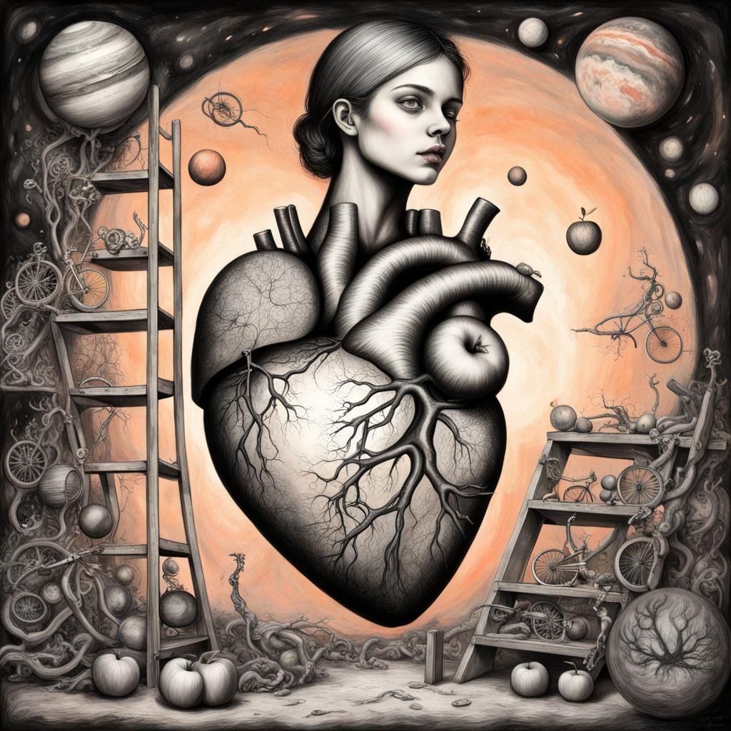 Hyperdetailed Charcoal Drawing: Girl, Heart, and Cosmos