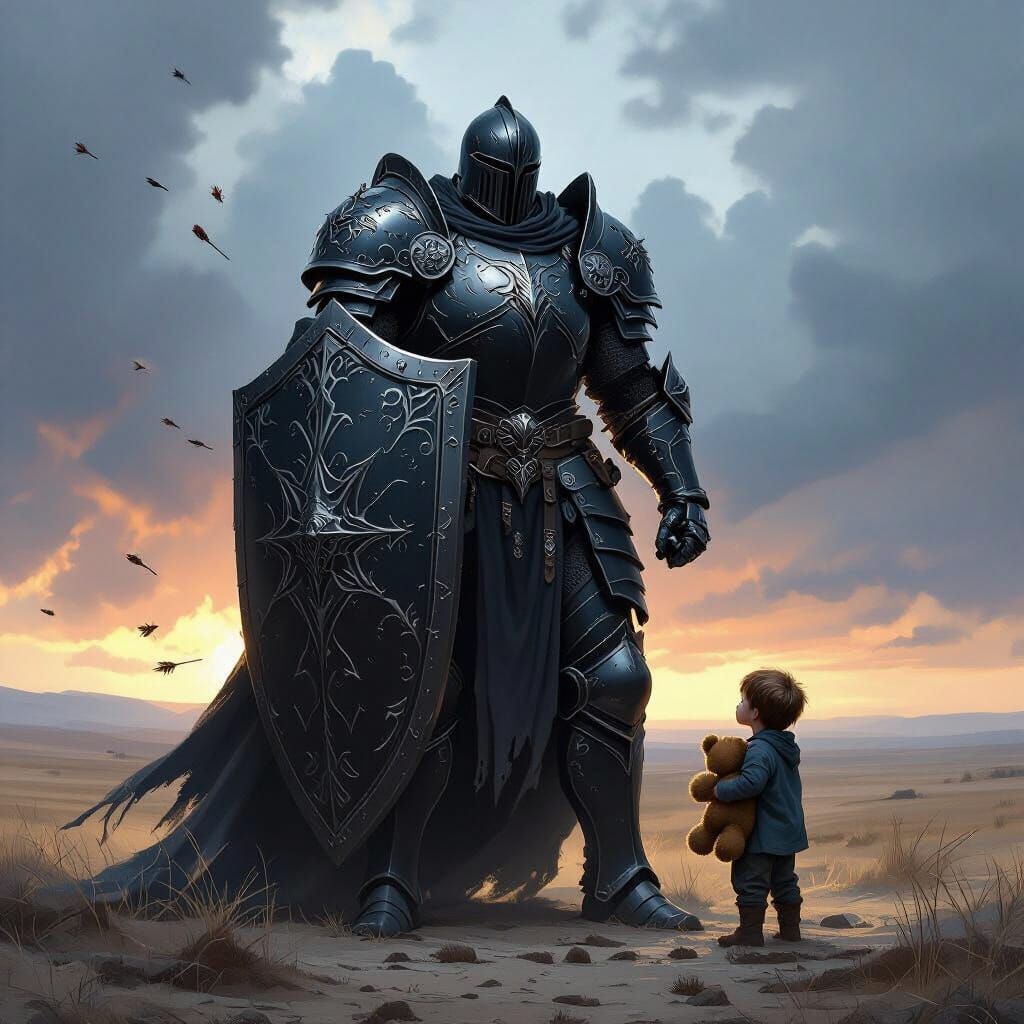 Colossal Knight Protects Boy from Arrows in Stormy Landscape
