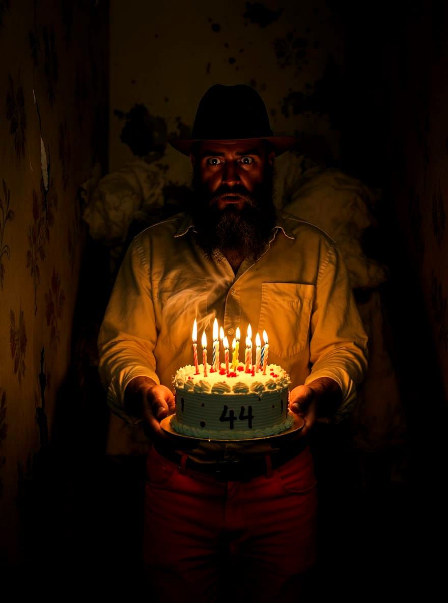 Terrified Man with Birthday Cake in Decaying Room