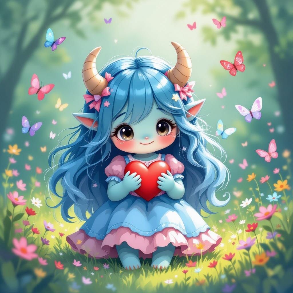 Adorable Monster Holds Heart Amidst Butterflies in Storybook...