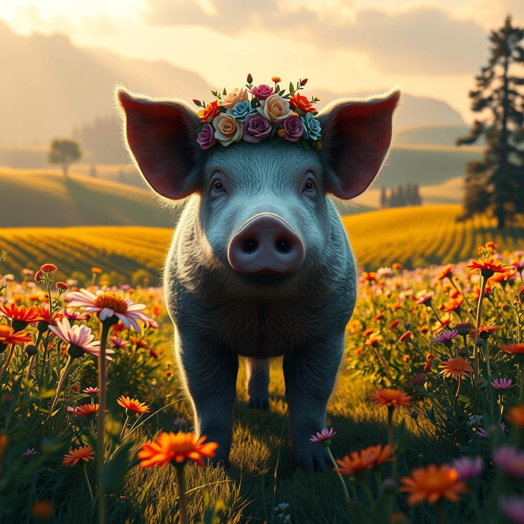 Surreal Farm Goddess with Pig and Wildflowers in Magical Rea...