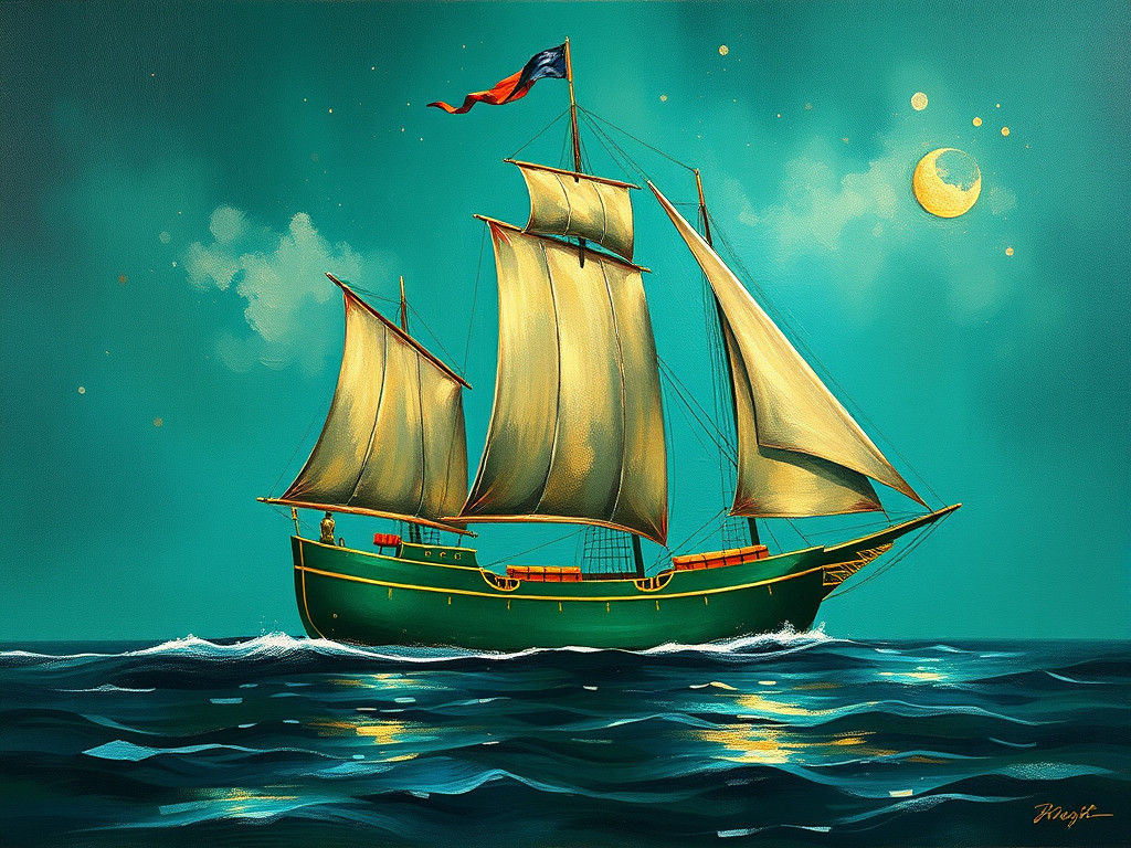 Metallic Emerald Byzantine Ship Sailing on Canvas