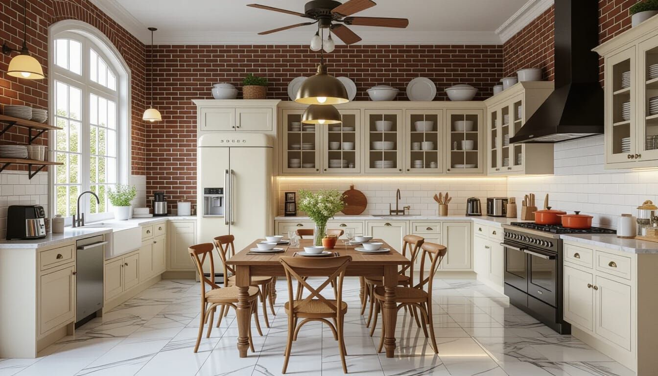 Vibrant Victorian Kitchen with Marble Floor and Modern Appli...