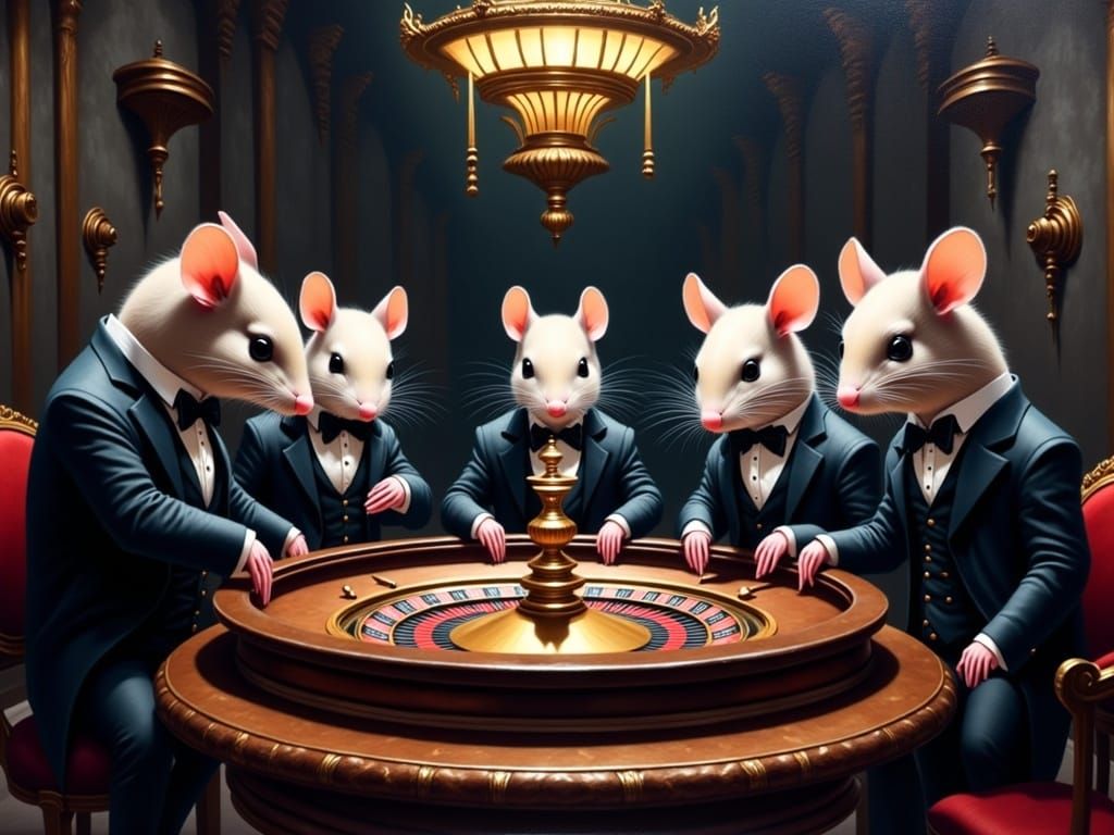 Mice in Formal Attire Gather Around Roulette Table in Dimly...