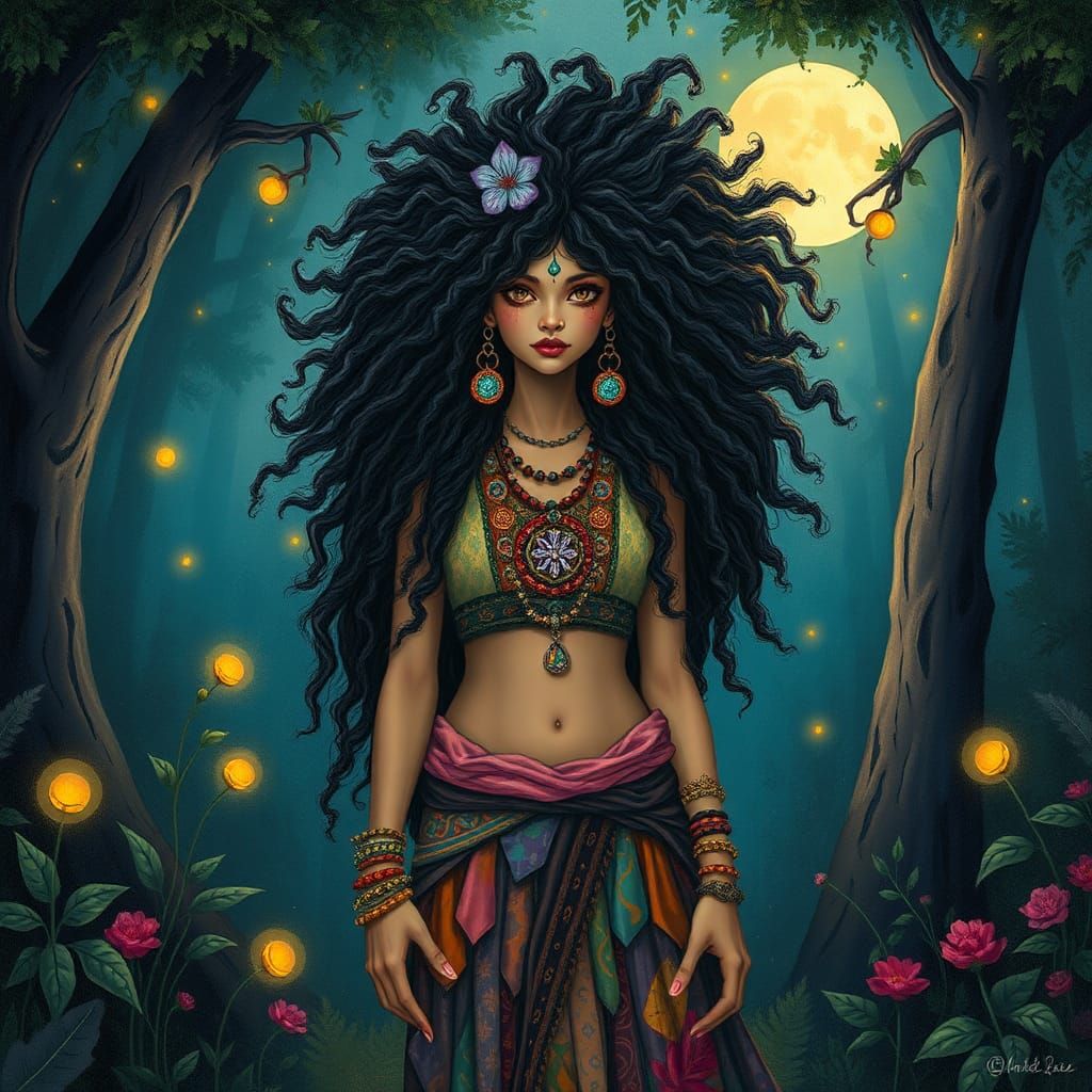 Mystical Woman in Moonlit Forest, Dreamy Art
